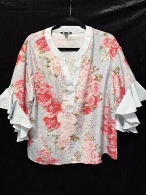 ShallWe Women’s Blue Floral V-Neck Blouse Sz L 3/4 Ruffled Bell Sleeves Fairy